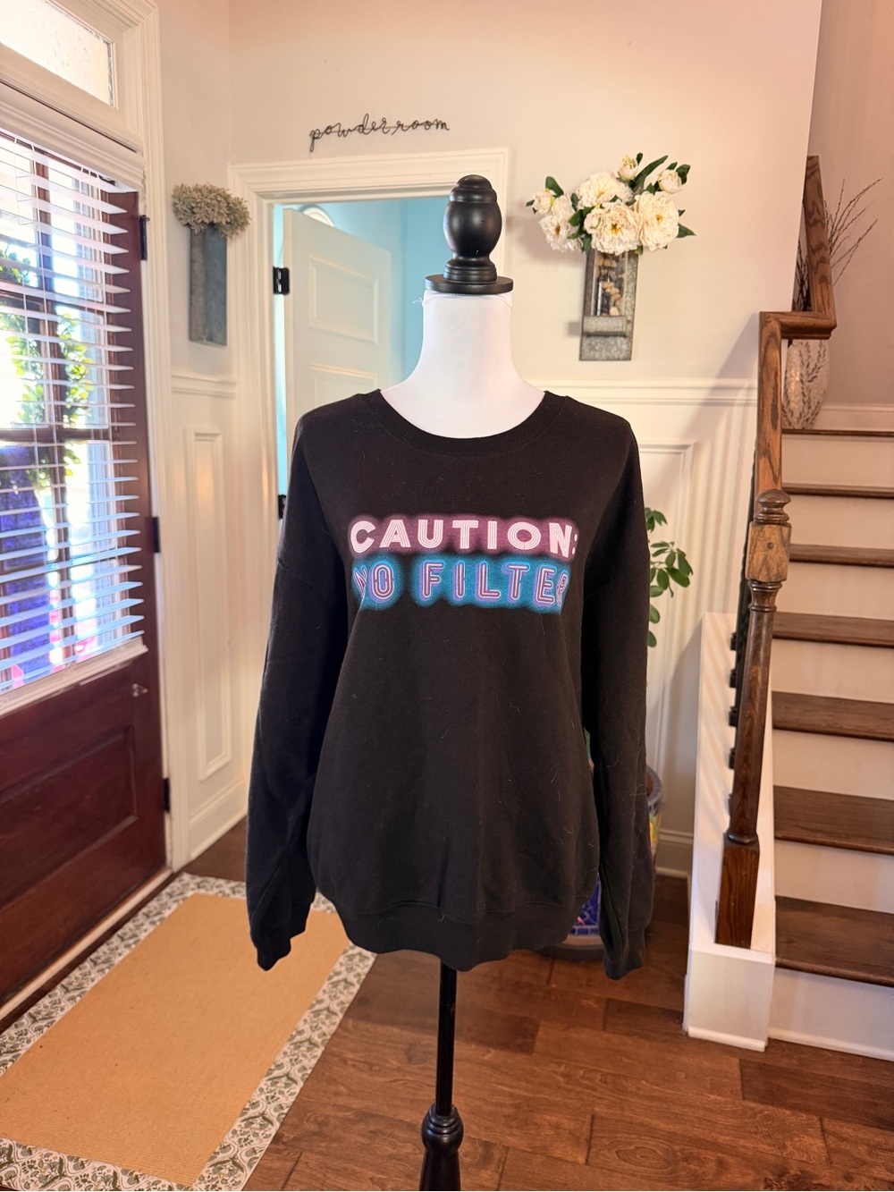 Wound Up NWOT Black Graphic 'Caution No Filter' Crewneck Sweatshirt